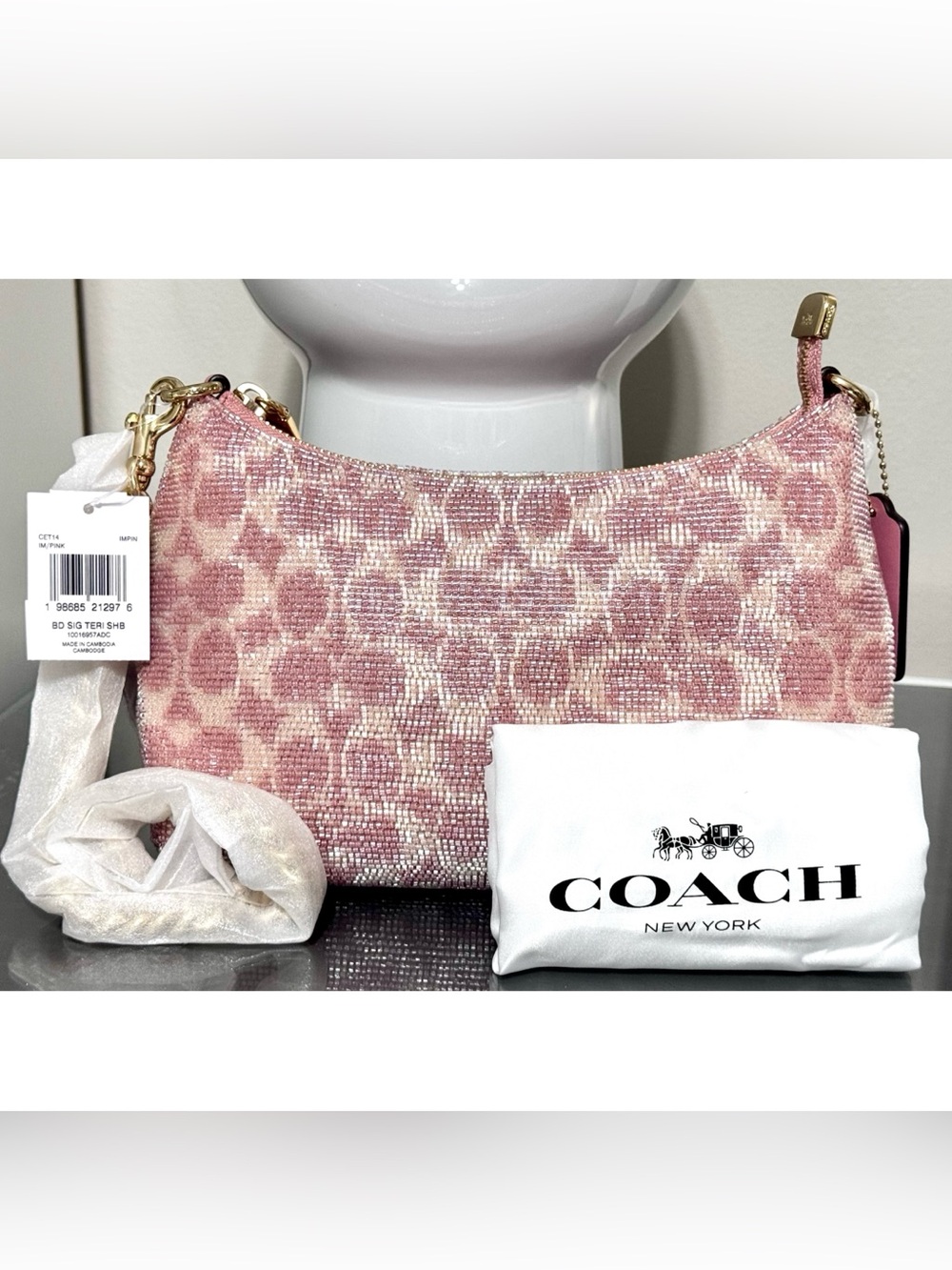 COACH Teri Shoulder Bag Signature Satin Pink Hobo Handbag - Picture 2 of 12